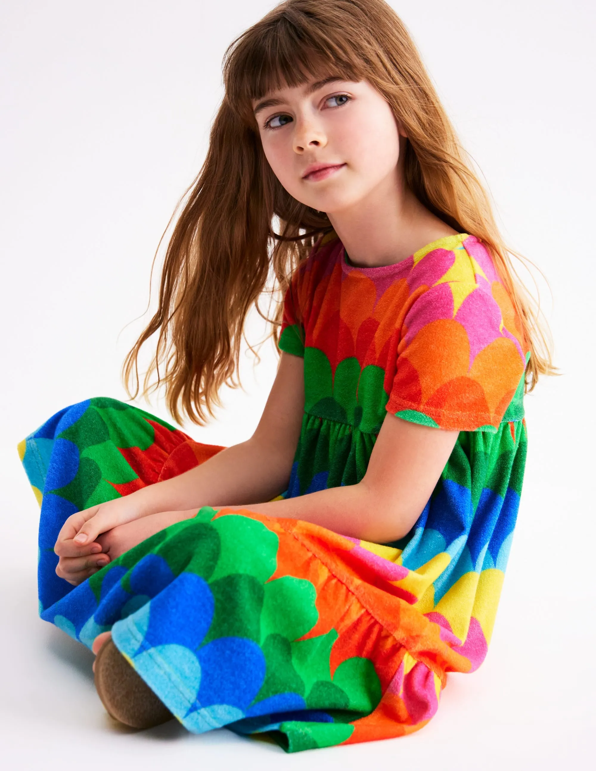 Ariel Twirly Towelling Dress-Multi Scallop Stripe