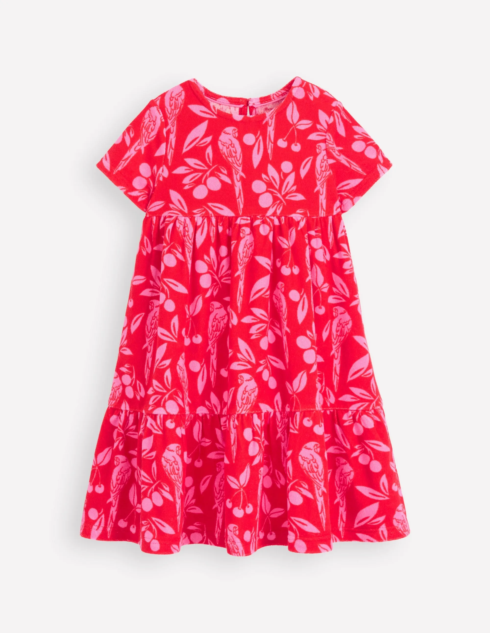 Ariel Twirly Towelling Dress-Poppy Red Parrot Palm