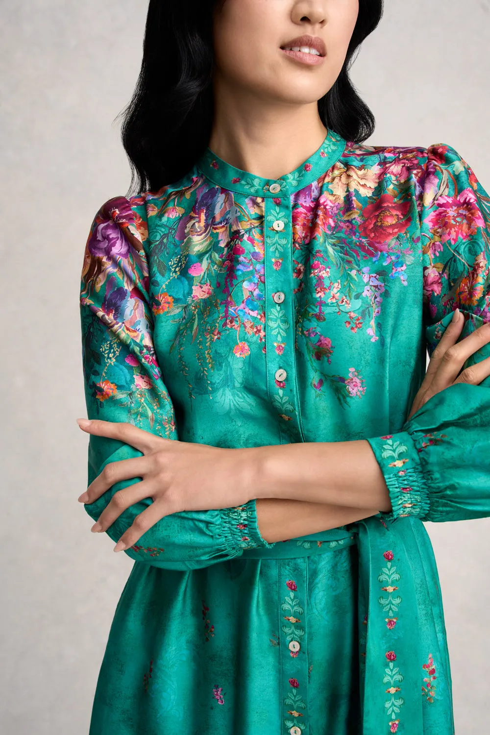Border Print Shirt Dress - Jade Botanical Print