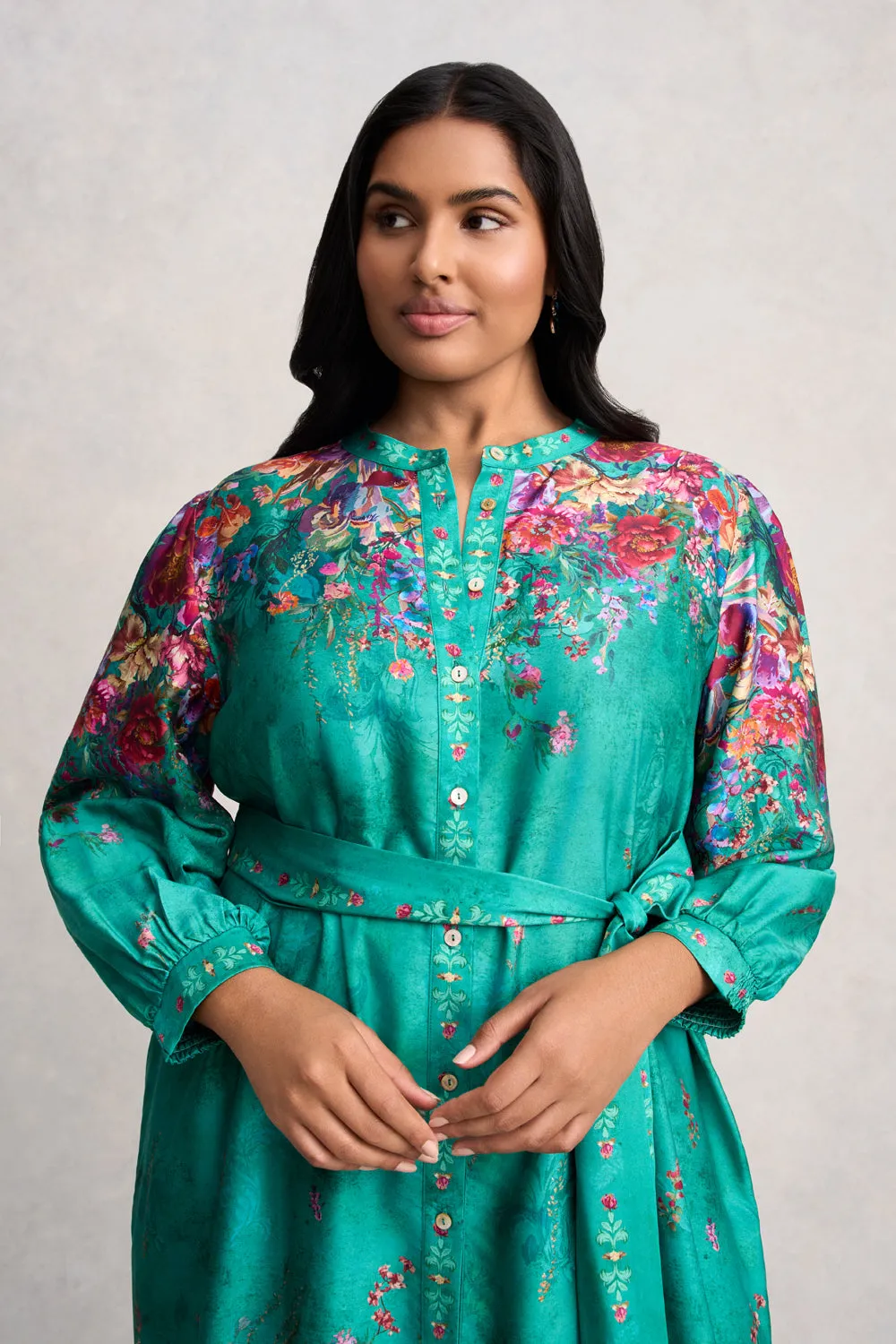 Border Print Shirt Dress - Jade Botanical Print