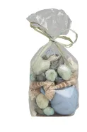 CREAM MANGO WOOD HANDMADE ORBS & VASE FILLER WITH FLORAL AND SHELL ACCENTS,