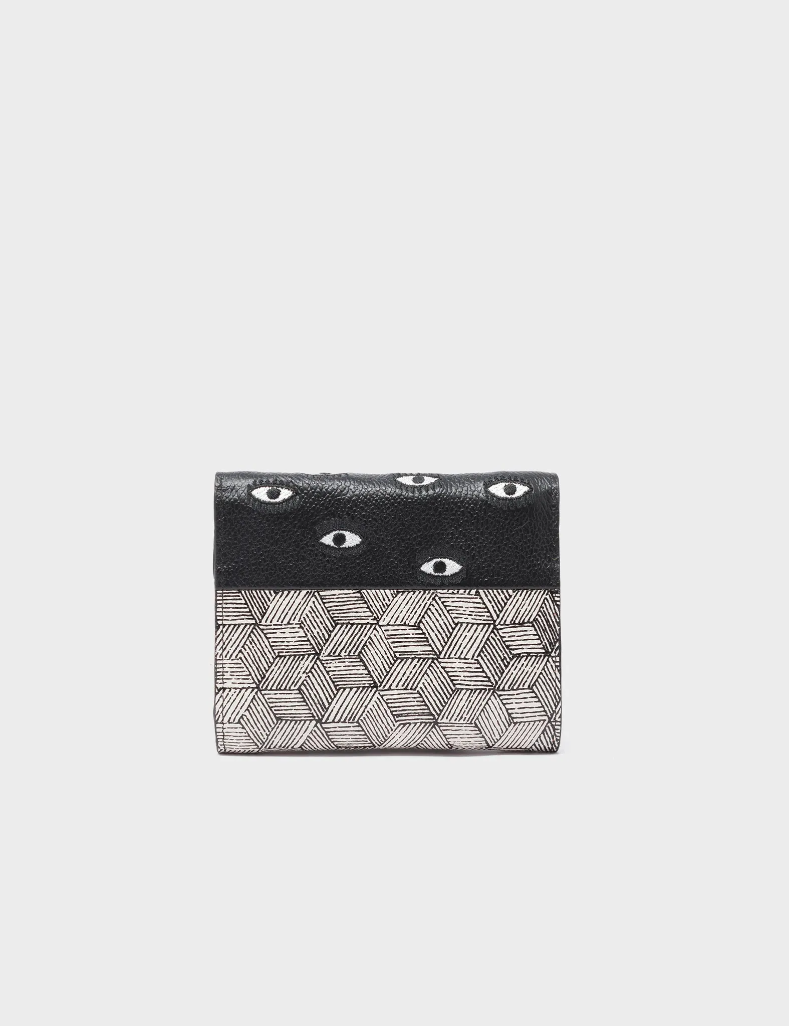 Fiona Black and Cream Leather Wallet - All Over Eyes Embroidery