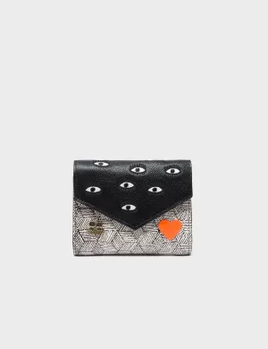 Fiona Black and Cream Leather Wallet - All Over Eyes Embroidery