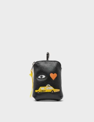 Florence Pouch Charm - Black Leather Keychain Eye Love New York Embroidery