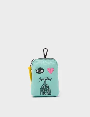 Florence Pouch Charm - Oceanic Green Leather Keychain Eye Love New York Embroidery