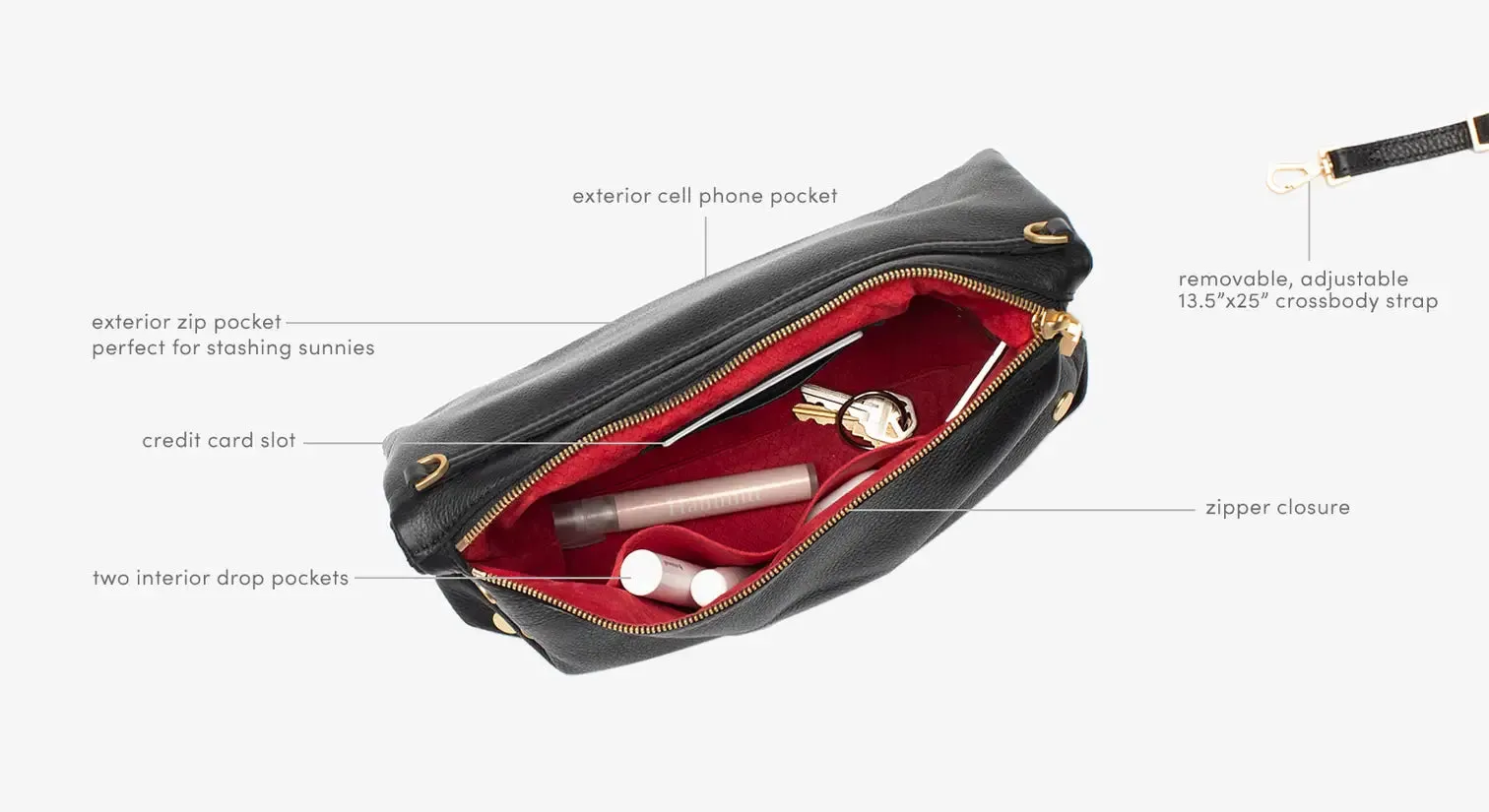 Hammitt VIP Lrg Oversized Crossbody Clutch Black/Brushed Gold Red Zip