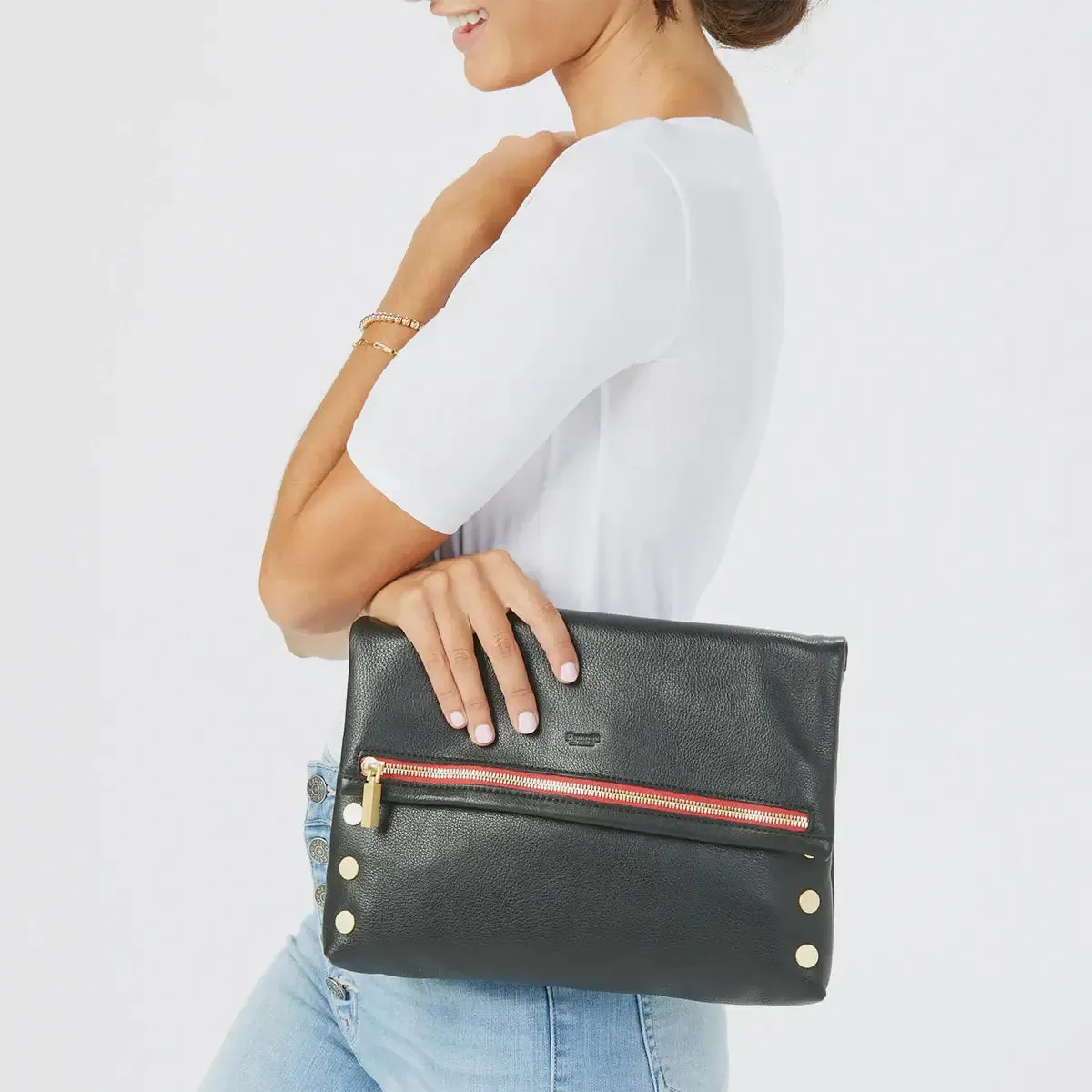 Hammitt VIP Lrg Oversized Crossbody Clutch Black/Brushed Gold Red Zip