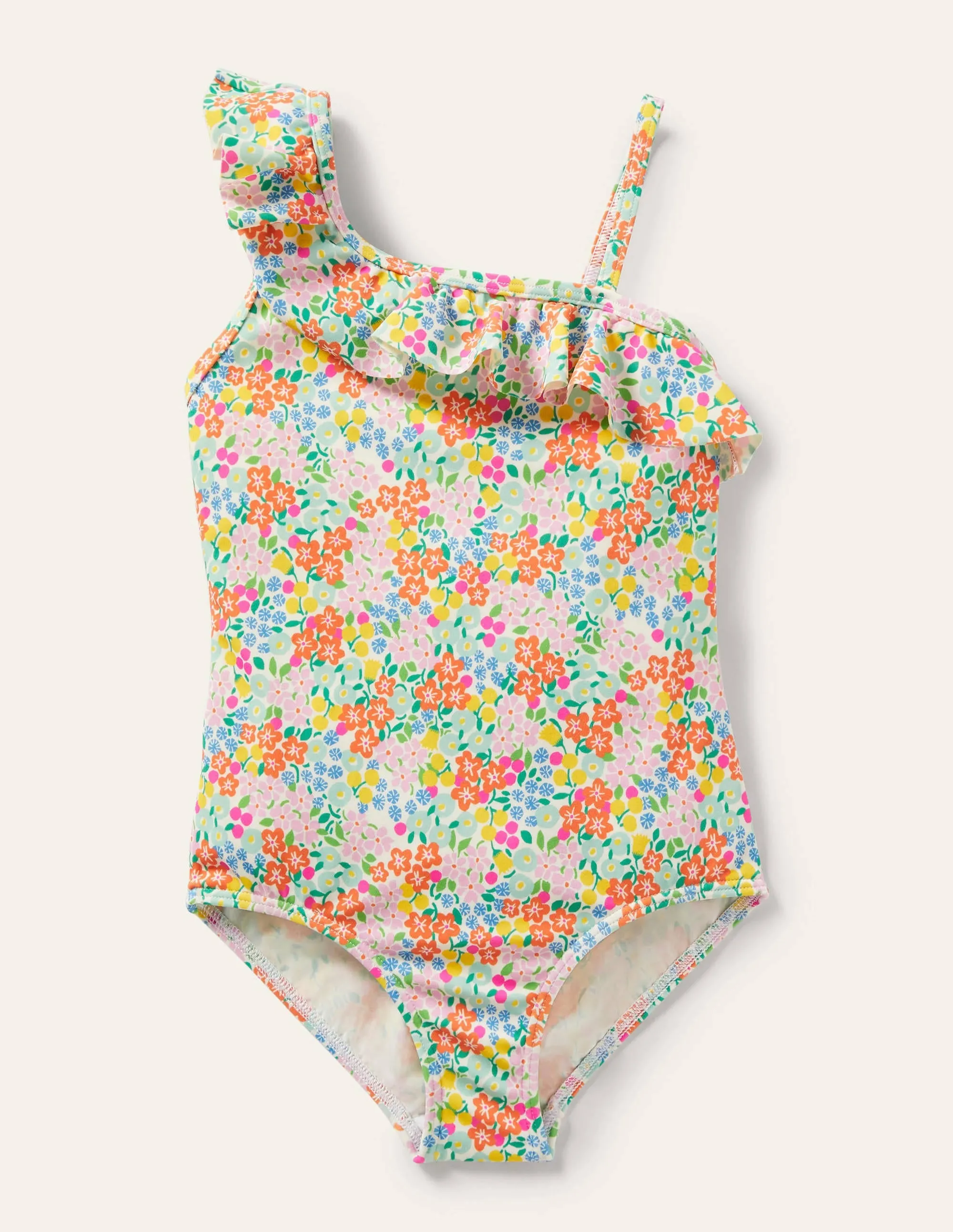One Shoulder Frill Swimsuit-Multi Tropical Flowerbed