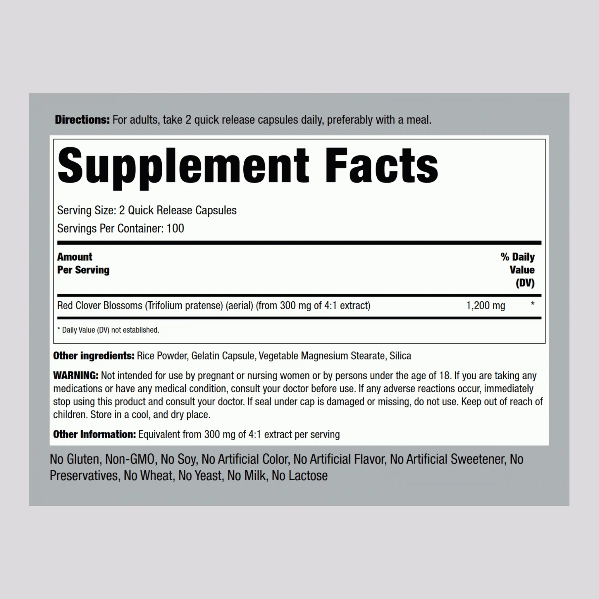 Red Clover, 1200 mg (per serving), 200 Quick Release Capsules