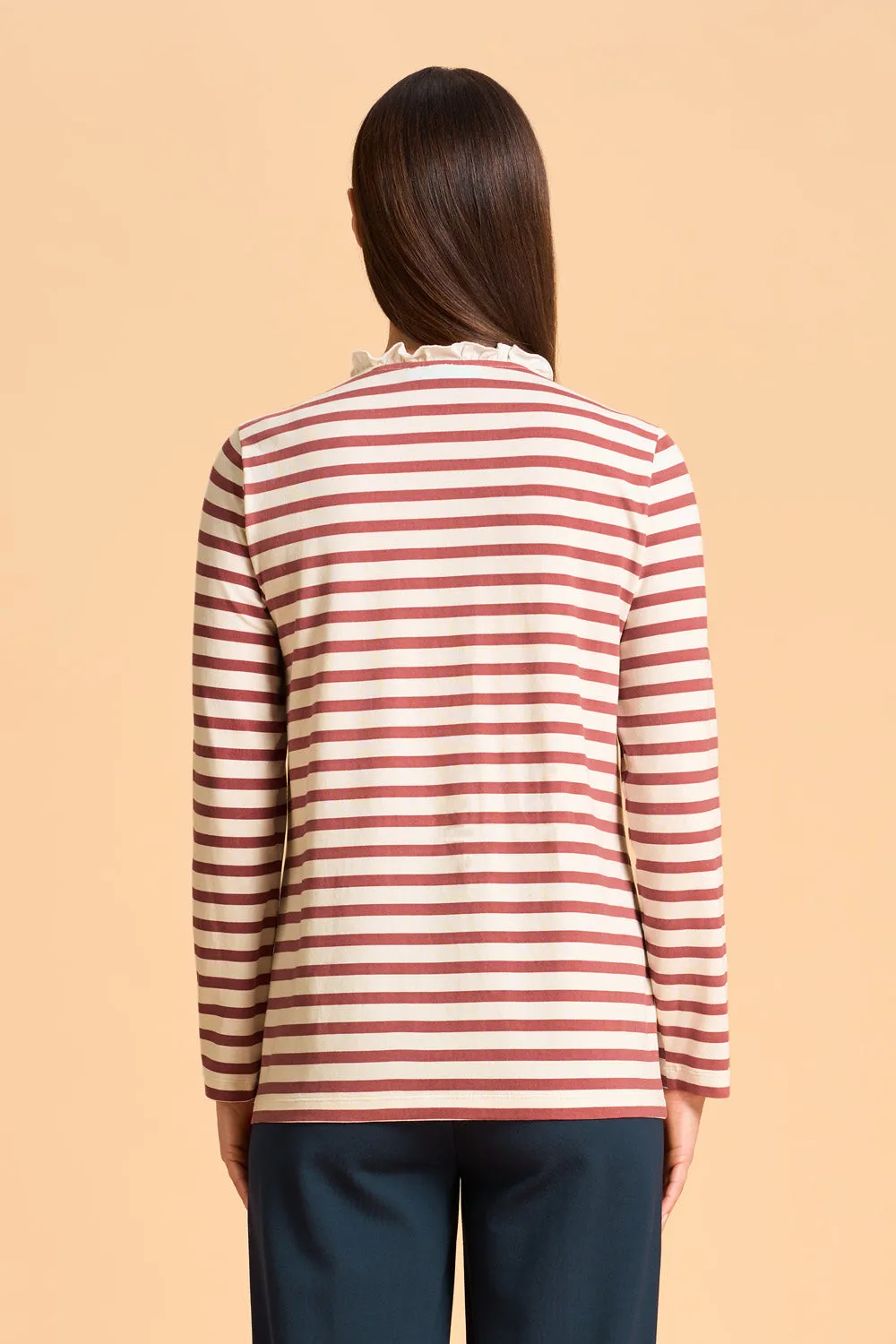 Ruffle Trim Henley T-Shirt - Dusty Pink Stripe