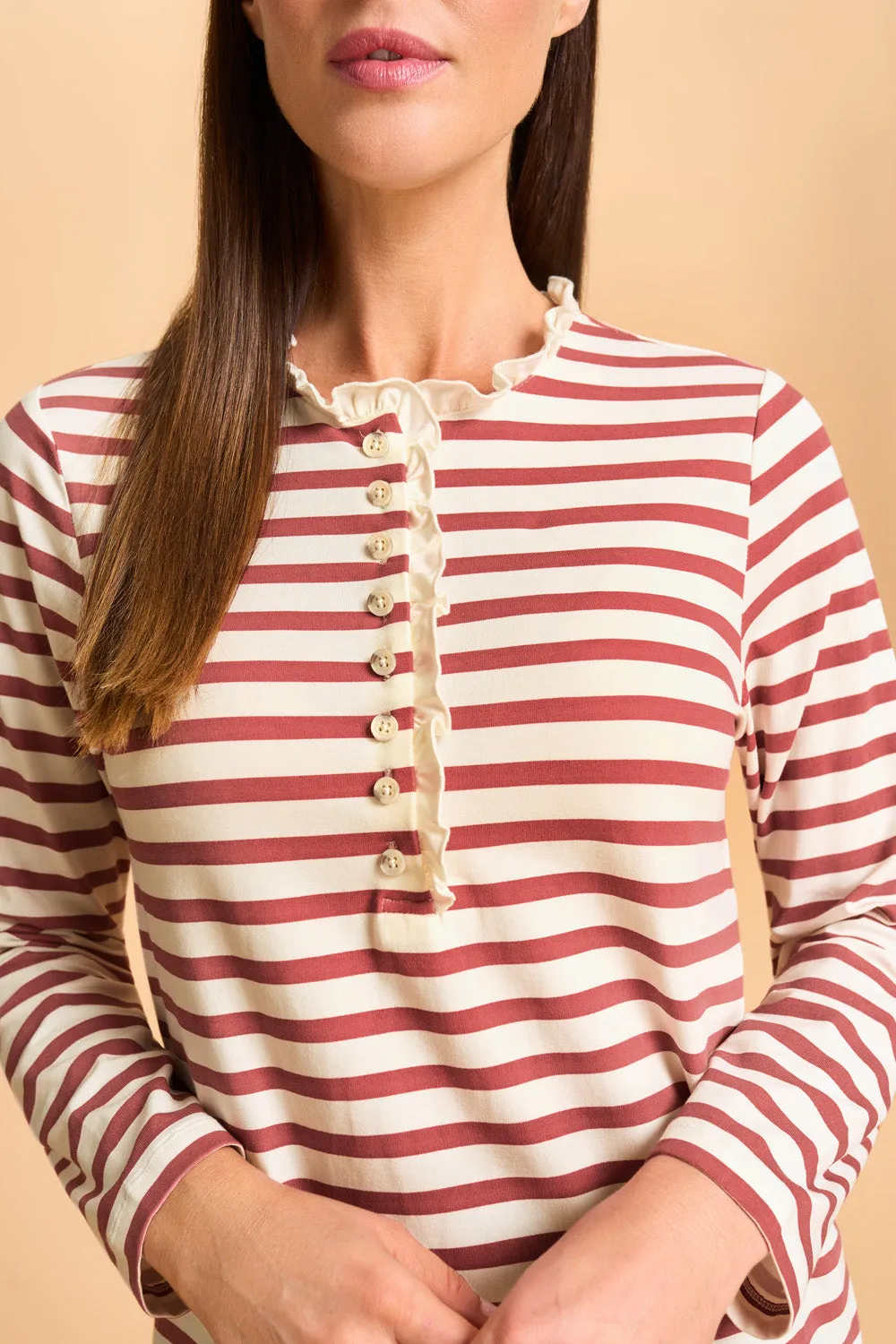 Ruffle Trim Henley T-Shirt - Dusty Pink Stripe