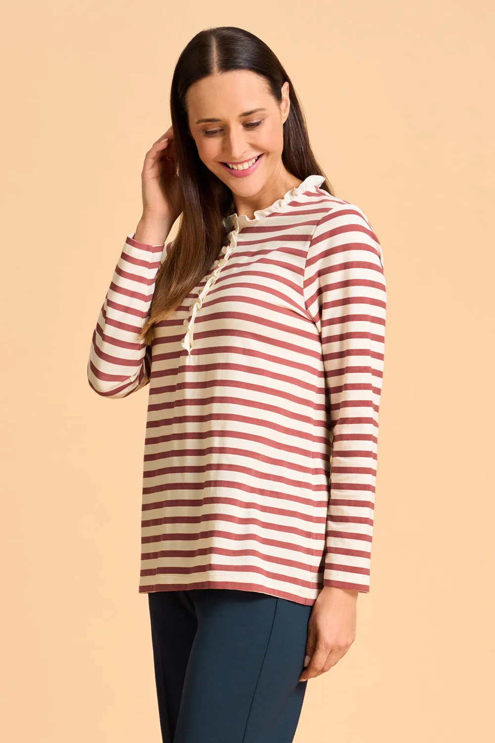 Ruffle Trim Henley T-Shirt - Dusty Pink Stripe