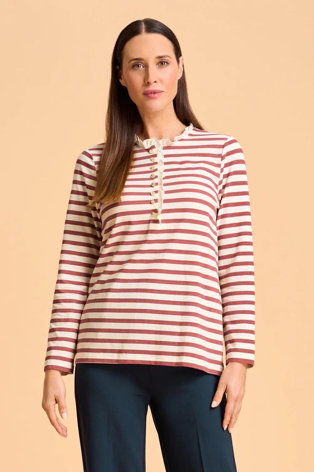Ruffle Trim Henley T-Shirt - Dusty Pink Stripe