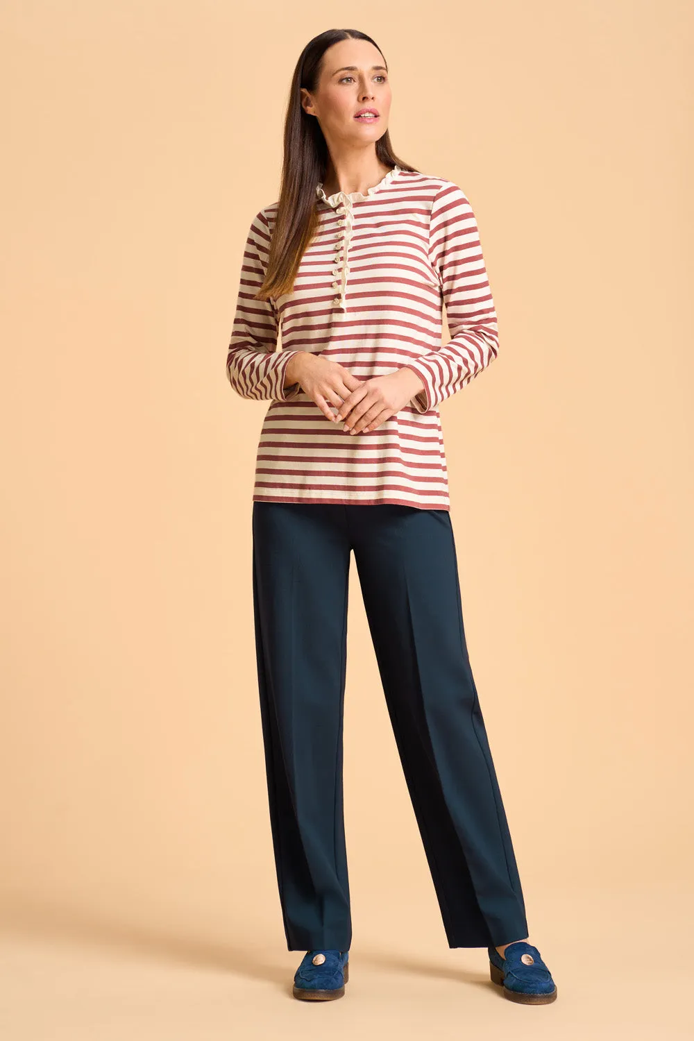 Ruffle Trim Henley T-Shirt - Dusty Pink Stripe