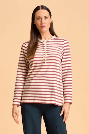 Ruffle Trim Henley T-Shirt - Dusty Pink Stripe